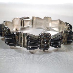 Vintage Art Deco Sterling & Black Stone Bracelet - Signed